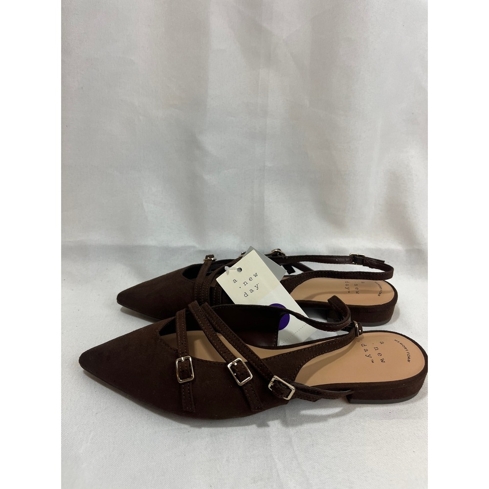 A New Day Womens‎ Brown Faux Suede Pointed Toe Buckle Slingback Flats Size 6